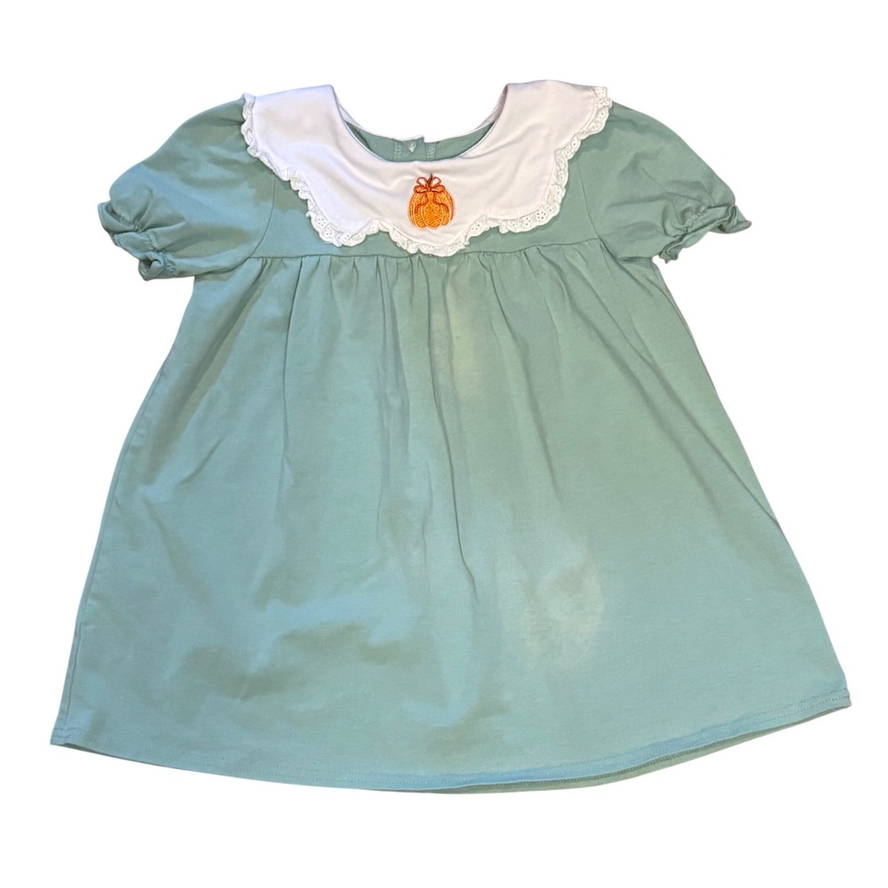 Sage Green Pumpkin Embroidered Peter Pan Collar Dress Girls Thanksgiving Size 3